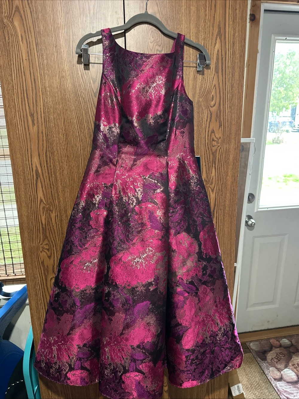 Adrianna Papell Magenta and Purple Floral Jacquard Fit-and-Flare Dress